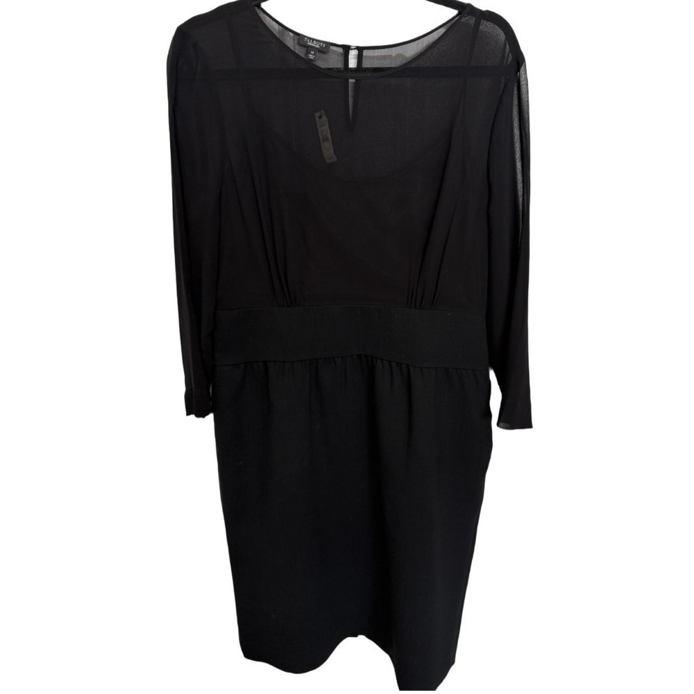 Talbots Cumberband Waist Sheer Lined Black Formal Long Sleeve Dress Size 14 NWT
